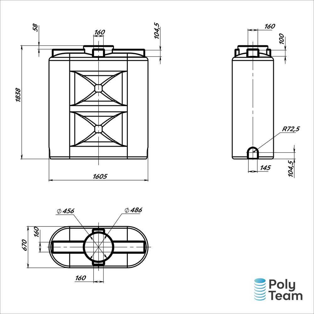 Емкость танк 1500 л Политим 1500 л. прямоугольный (1605x670x1838см;синий) - арт.560726