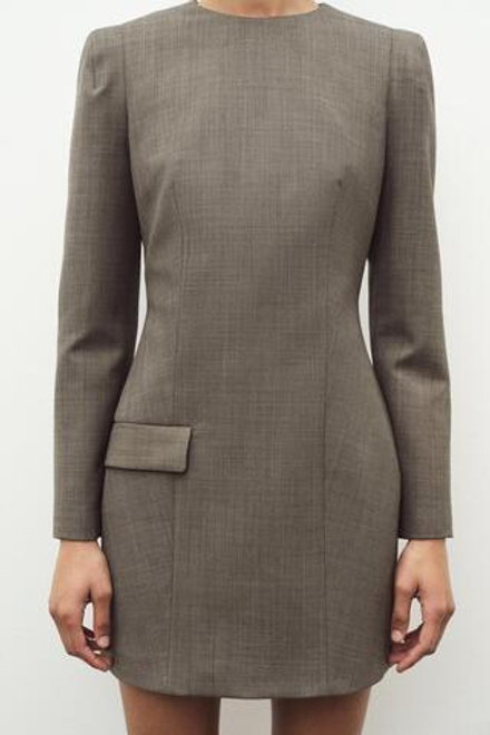 ZARA ПЛАТЬЕ ИЗ СМЕСОВОЙ ШЕРСТИ С ПОДПЛЕЧНИКАМИ, СВЕТЛО-КОРИЧНЕВЫЙ