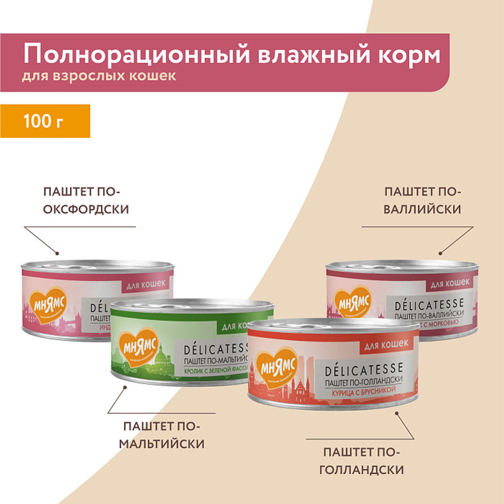 Влажный корм Мнямс Деликатес Индейка с тыквой для кошек "Паштет по-оксфордски" 100 г