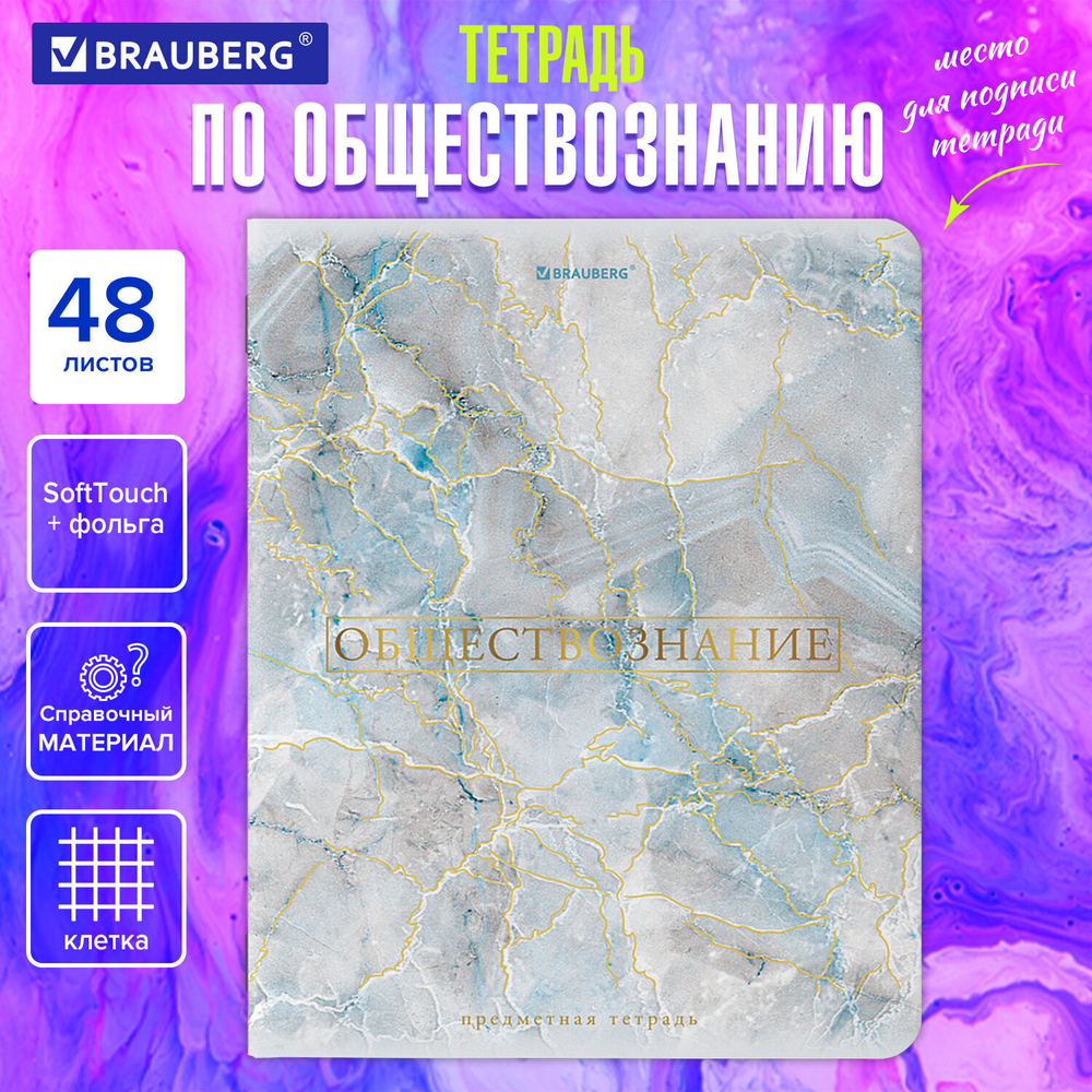 Тетрадь предметная "PASTEL" 48 л. SoftTouch фольга ОБЩЕСТВОЗНАНИЕ клетка BRAUBERG (10 штук в упаковке)
