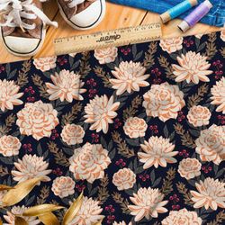 Ткань шифон плотные бежевые розы и хризантемы с тёмной брусникой