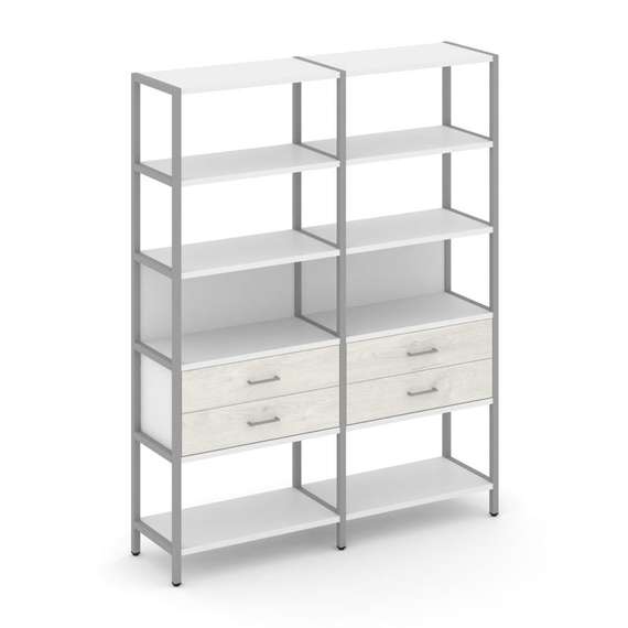 Shelf System Двухсекционный стеллаж пятиярусный с ящиками SN.STM-522 Белый/Дуб Наварра/Металл Серый