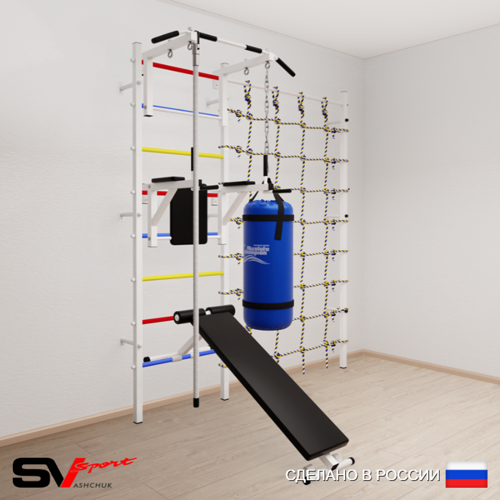 Шведская стенка Sv Sport 58010 (Турник стандарт/Брусья/Скамья/Канат/Цепь/Мешок 15кг/Канатный лаз)