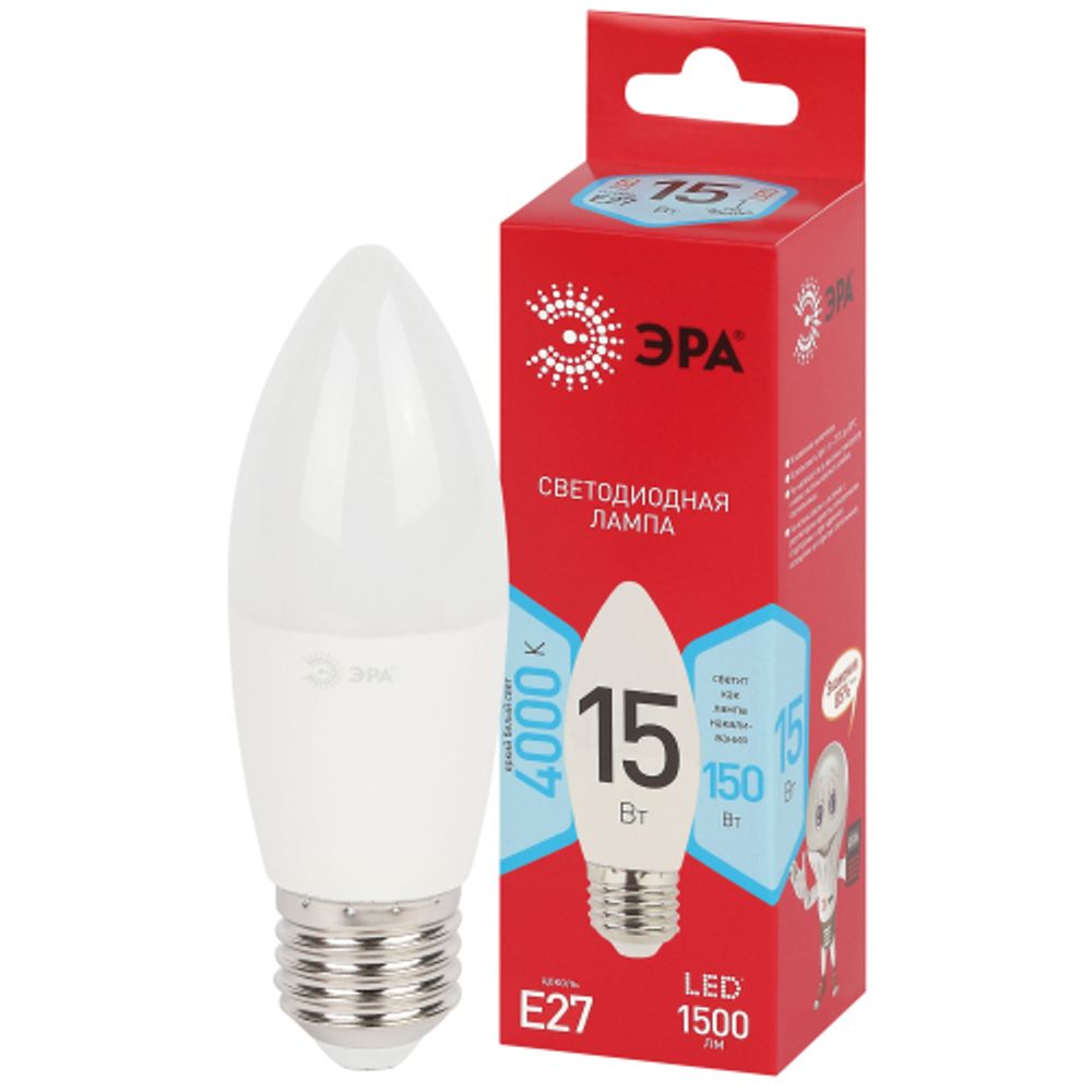 Лампа светодиодная ЭРА RED LINE LED B35-15W-840-E27 R 15Вт свеча нейтральный белый свет Е27 | Лампы cветодиодные Свеча (B/C)