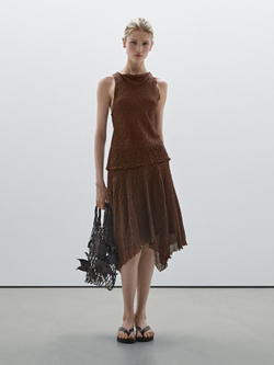 Massimo Dutti Топ с струящимся драпированным воротником, шоколадный