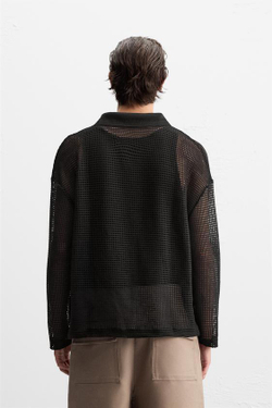 ZARA ПОЛО ИЗ РЕЛЬЕФНОЙ СЕТЧАТОЙ ТКАНИ, ЧЕРНЫЙ