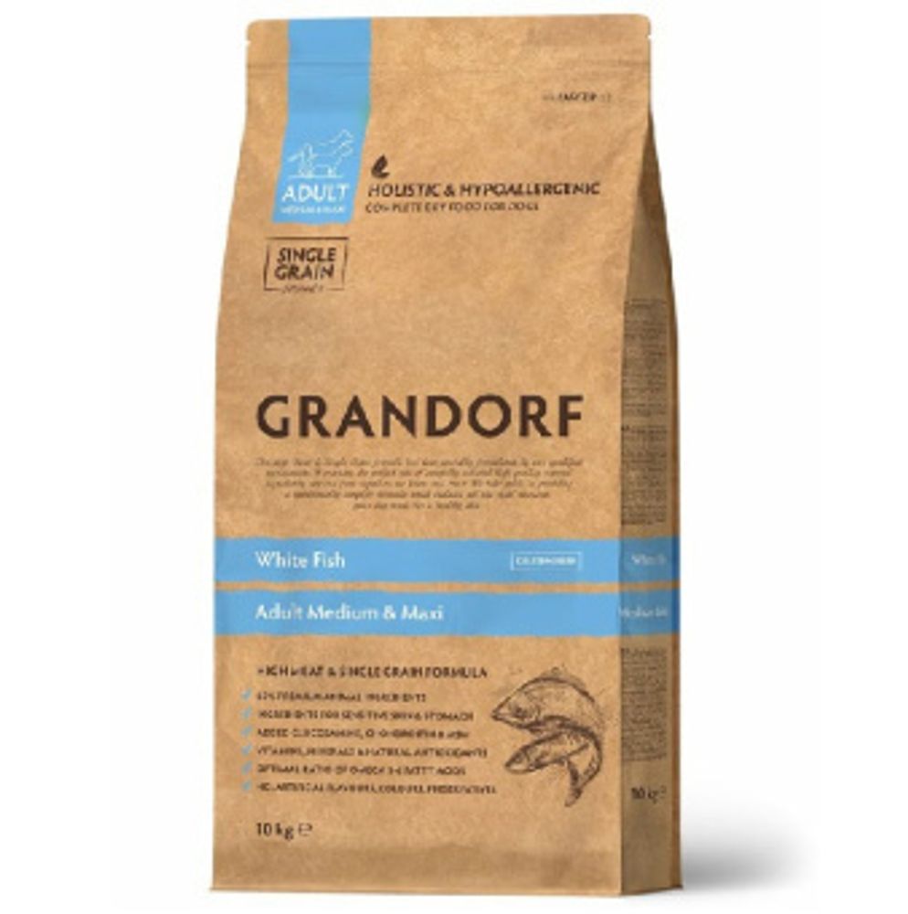 Grandorf 1кг White Fish Medium &amp; Maxi Holistic для собак средних и крупных пород (низкое содержание зерна), с белой рыбой