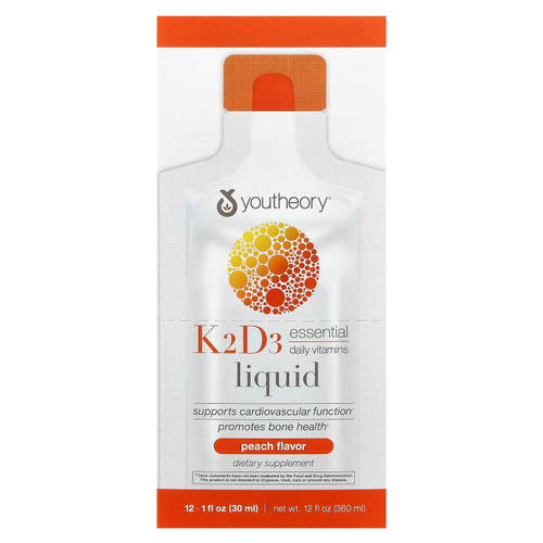 Youtheory, Liquid K2 D3 On Th Go, персик, 12 пакетиков по 30 мл (1 жидк. Унция)