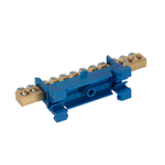 Шина нулевая 12 отверстий, латунь, изолятор "стойка" на DIN-рейку, синий, 6х9 мм