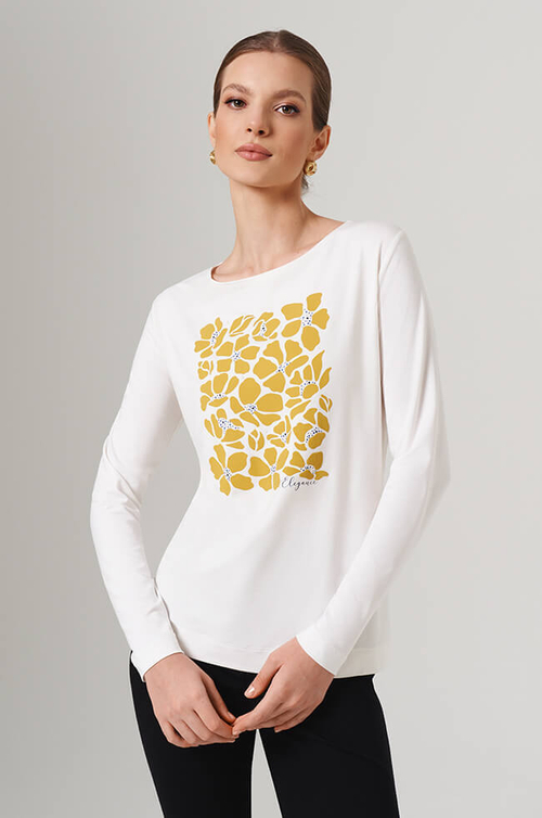 23124 Лонгслив женский (молочный с оливковой печатью)