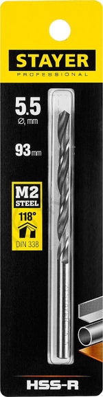 STAYER PROFI 5.5х93мм, Сверло по металлу HSS-R, быстрорежущая сталь М2(S6-5-2)