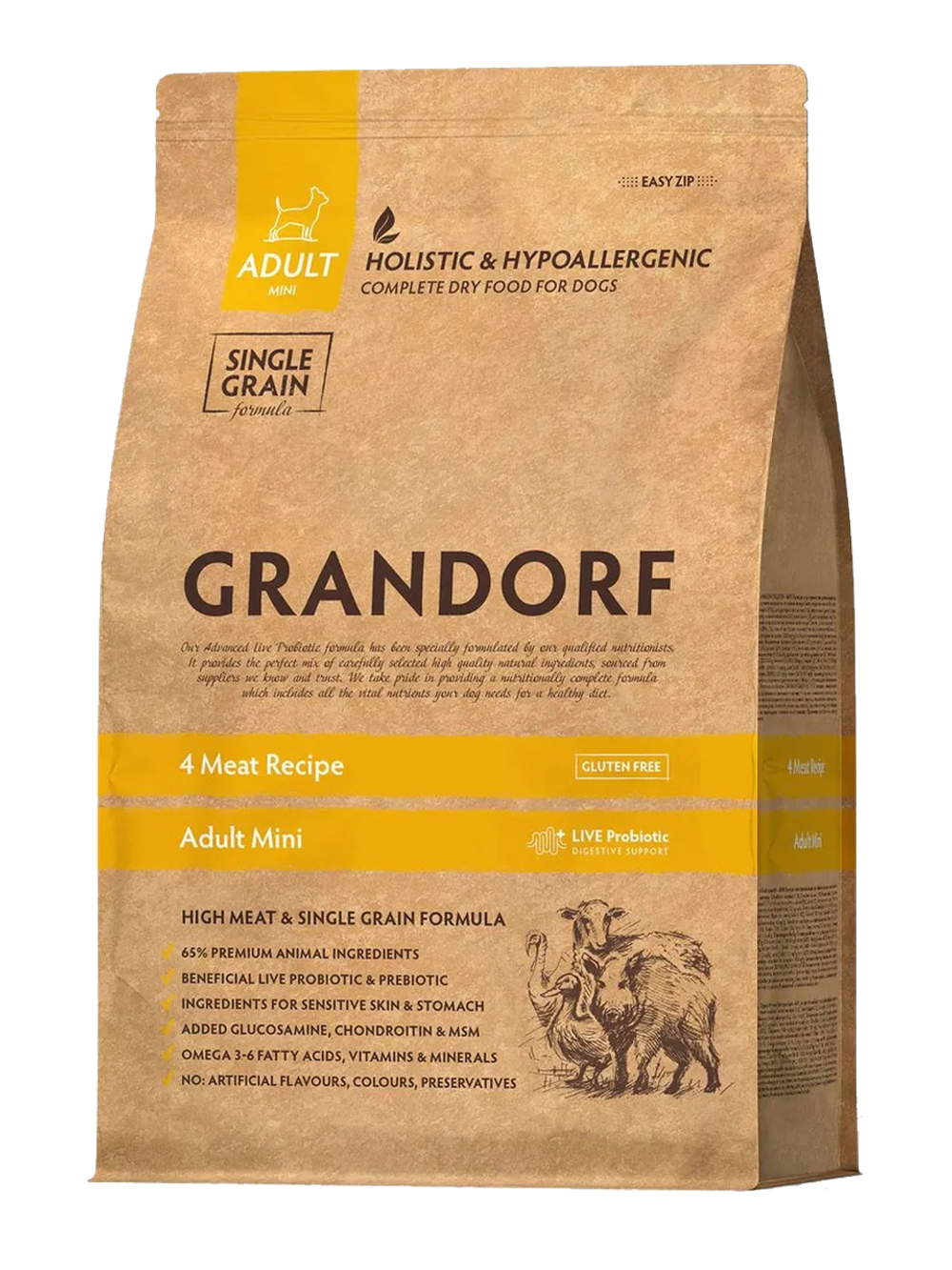 Grandorf Mini Adult Holistic Probiotic для собак малых пород, 4 вида мяcа 1кг.