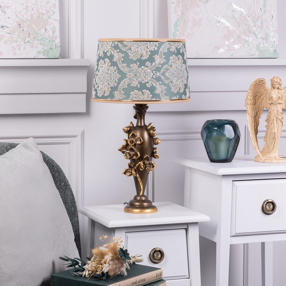 Настольная лампа Орхидея Лира Бронза с абажуром Тюссо Vatican (Ватикан) Аквамарин