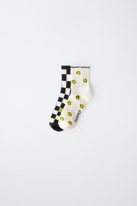 ZARA НАБОР ИЗ 2 ПАР НОСКОВ SMILEYWORLD ® В ШАХМАТНУЮ КЛЕТКУ, БЕЛЫЙ/ЧЕРНЫЙ