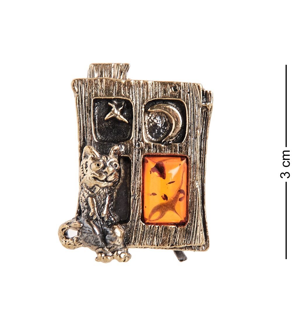 AM- 906 Брошь «Кот в окошке» (латунь, янтарь)