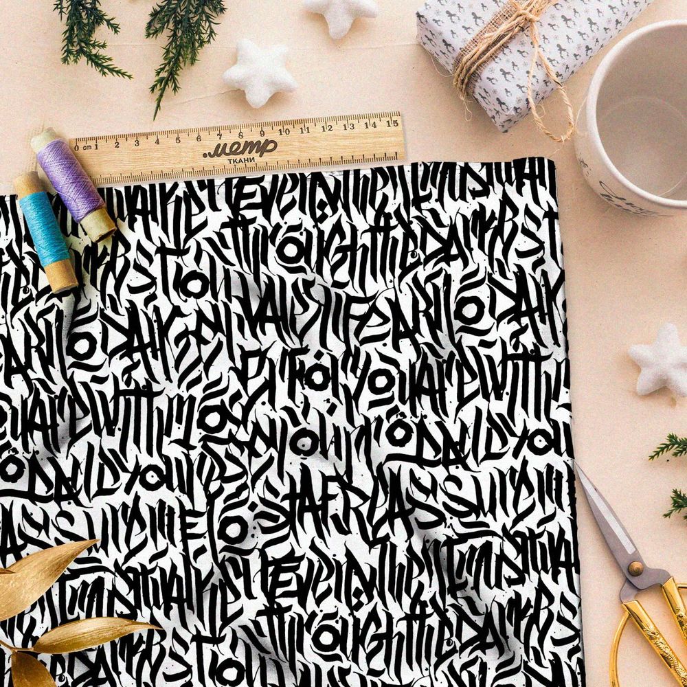 Ткань премиум шелк искусственный Армани черно-белая абстракция