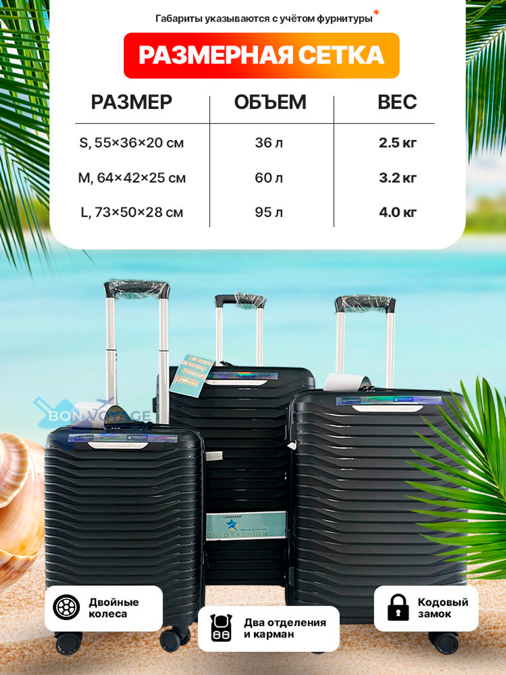 Средний чемодан Bon-Voyage PP Three, Желтый, M