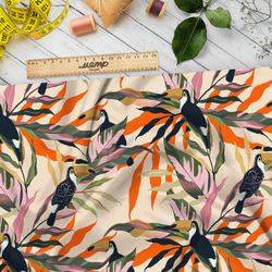 Ткань дюспо птица Тукан с яркими листьями