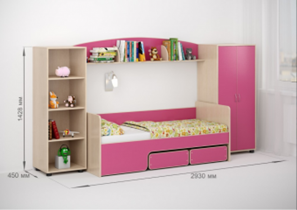 Детская стенка КарИВи Л-№24  Дуб Молочный Розовый