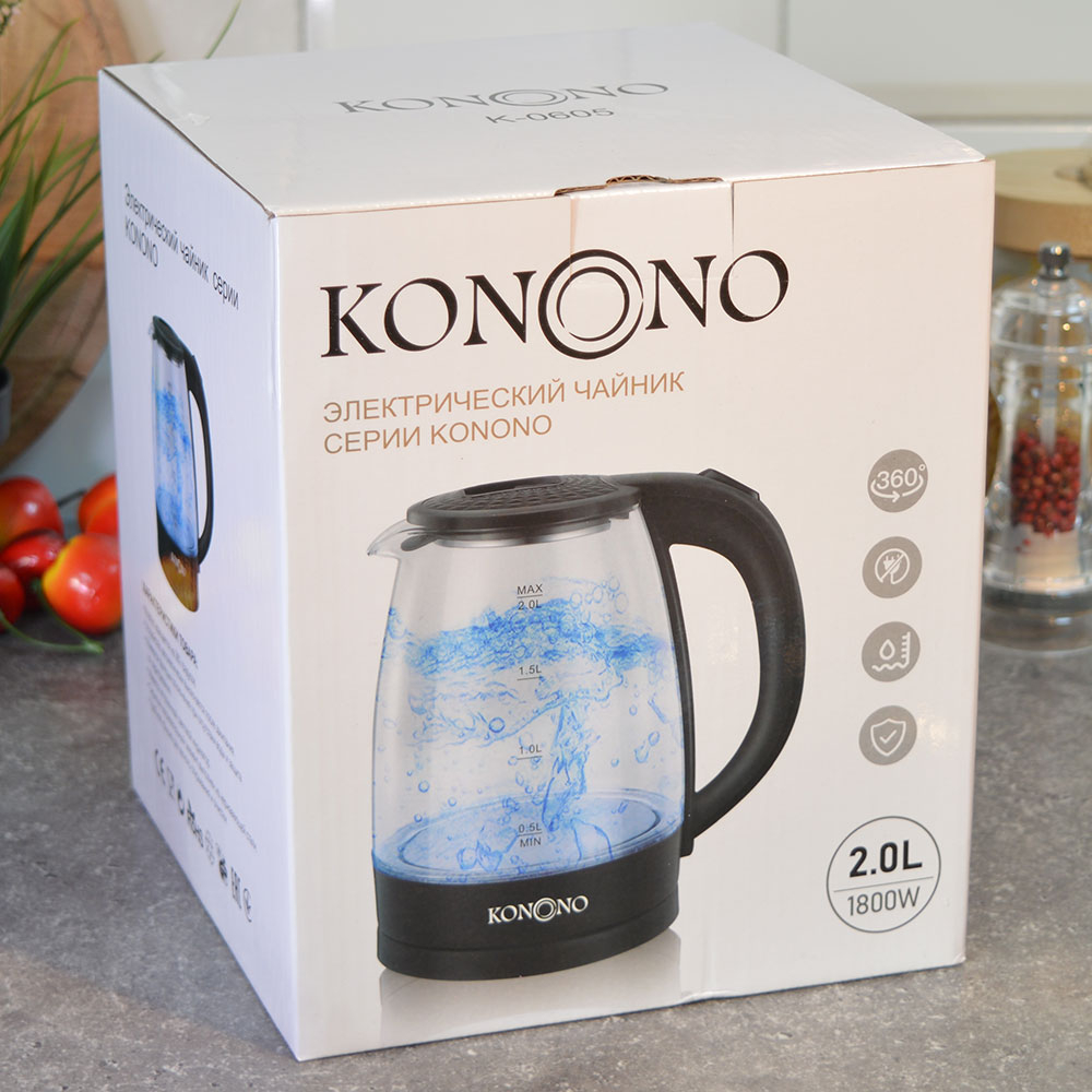 Чайник электрический 2л "Konono" стекло, 1800Вт, K-0605
