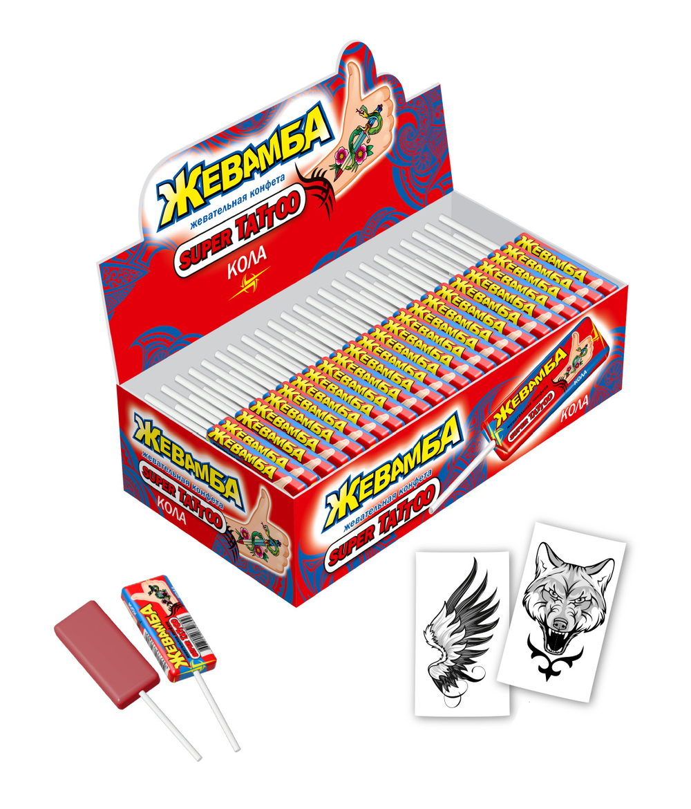 Жевательная конфета "Жевамба SUPER TATTOO" кола 10гр*50шт*12 блоков.