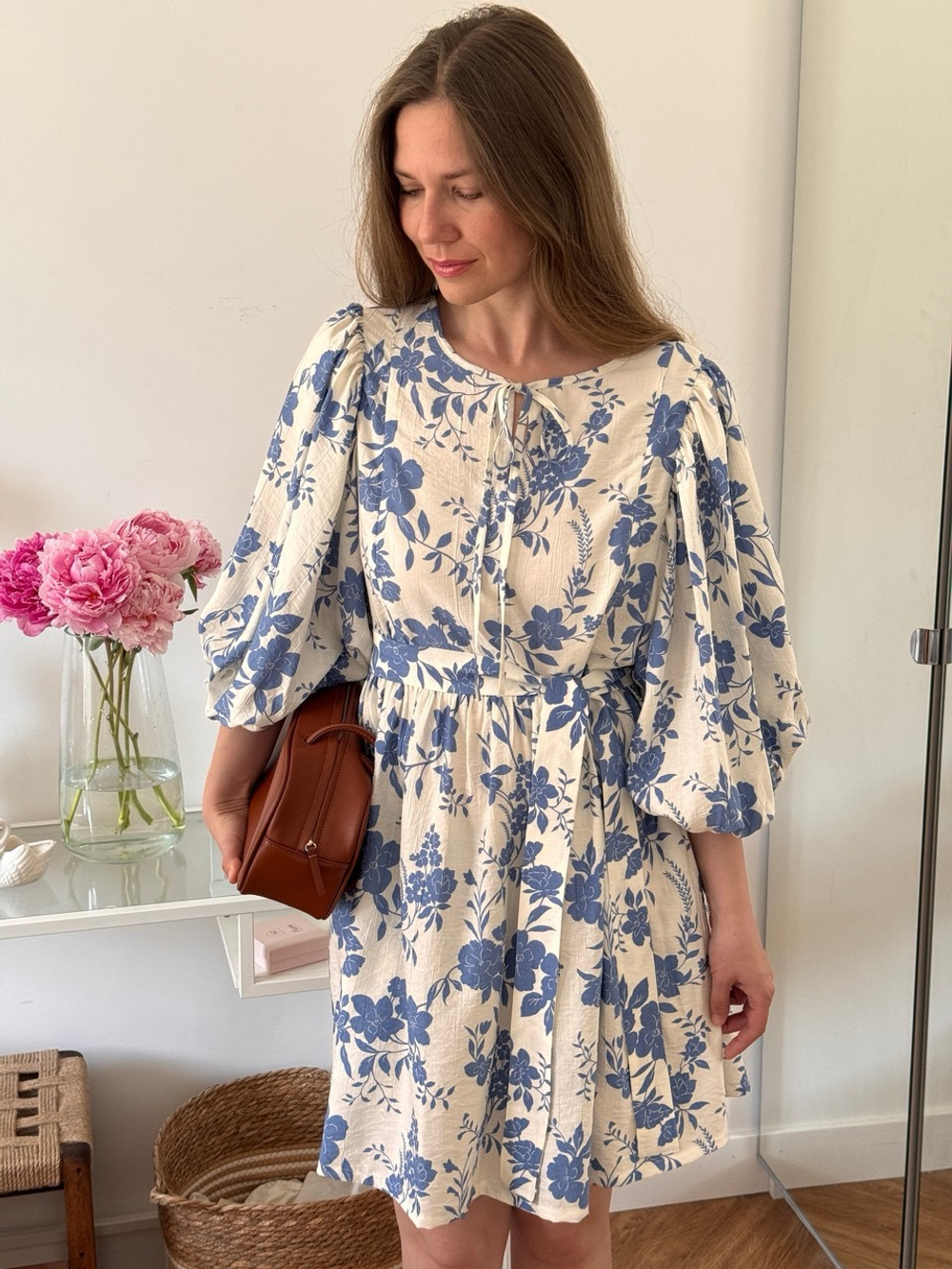 Платье Мари-мини для беременных и кормящих, Кремовый с синими цветами