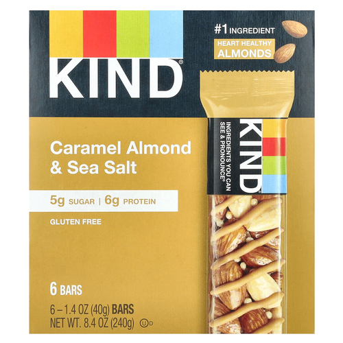 KIND Bars, Protein Bars, с карамелью, миндалем и морской солью, 6 батончиков по 40 г (1,4 унции)