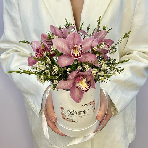 Фиолетовые орхидеи Цимбидиум и хамелациум в шляпной коробке. Цветы в коробке 003 Chalet Green