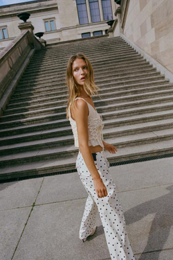 ZARA БРЮКИ BARREL В ГОРОШЕК, СИНИЙ/БЕЛЫЙ