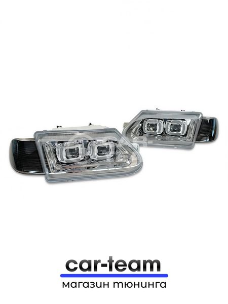 Фары ВАЗ 2113, 2114, 2115 передние с белыми галочками в стиле BMW ver 2.0 c Bi LED модулями, хром маска, тонированные поворотники