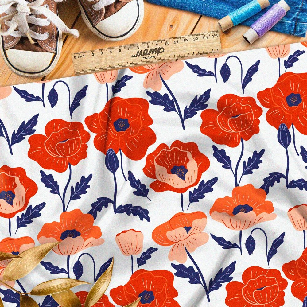 Ткань атлас алые маки из советского мультика