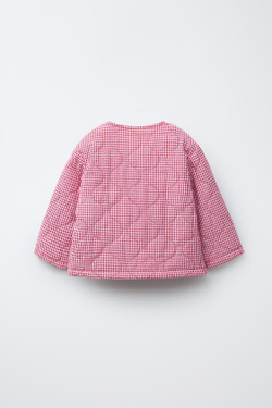 ZARA СТЕГАНАЯ КУРТКА В КЛЕТКУ ВИШИ, БЕЛЫЙ / КРАСНЫЙ