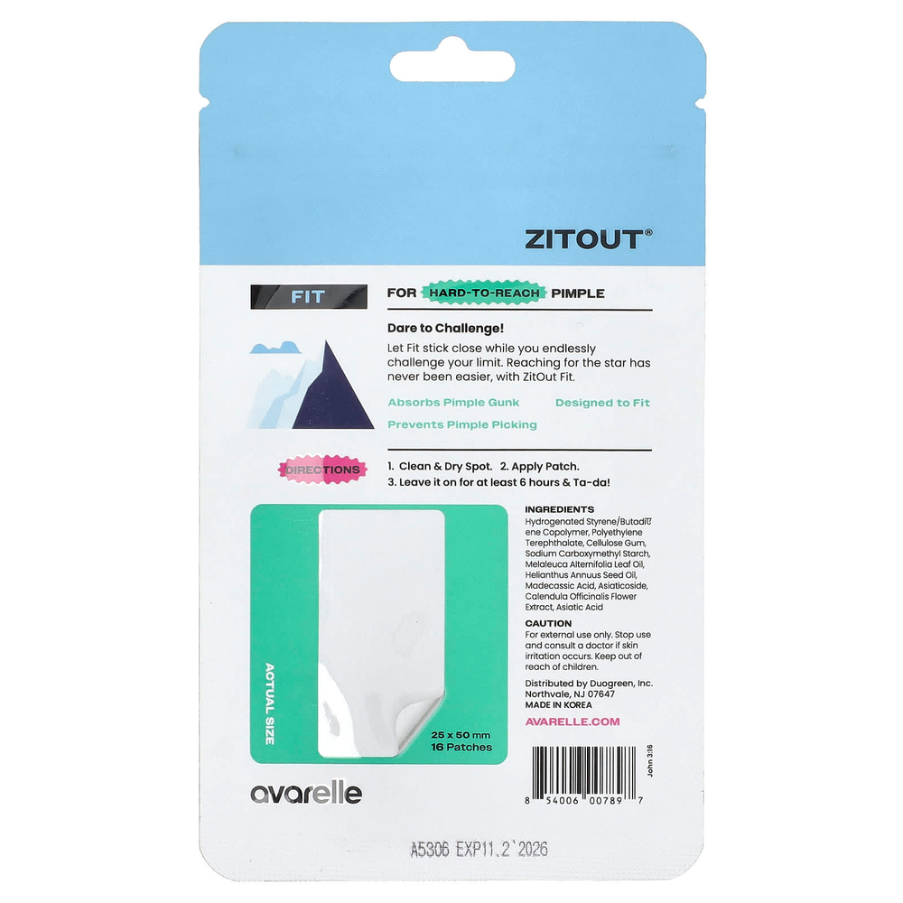 Avarelle, Zitout® Fit, полупрозрачные гидроколлоидные патчи, 16 патчей