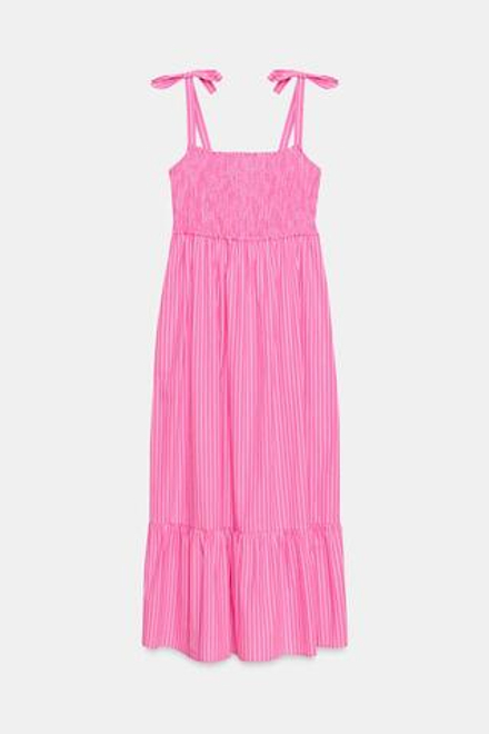 ZARA ПЛАТЬЕ В ПОЛОСКУ С БАНТАМИ, РОЗОВЫЙ