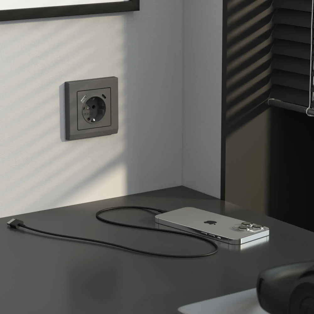 Розетка с заземлением, шторками и USB тип A+C(графит матовый) W1171764