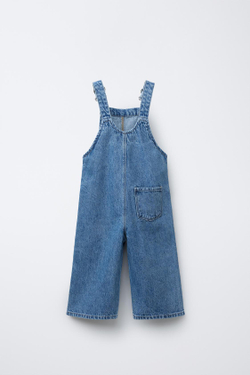 ZARA ДЖИНСОВЫЙ КОМБИНЕЗОН С ВЫШИВКОЙ «ВОЛНА» И ЦВЕТАМИ, СИНИЙ