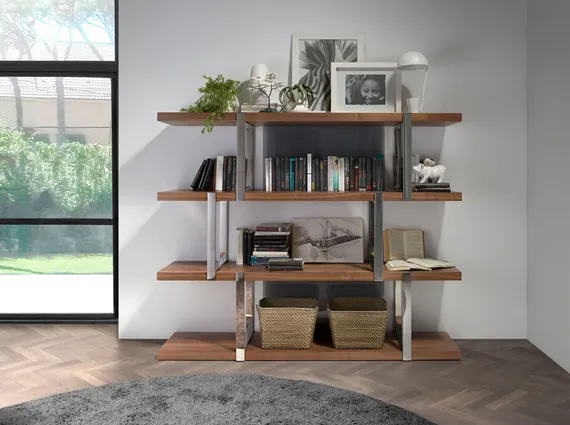 Стеллаж MQ2001SF /3136 ореховое дерево с полками из черного стекла