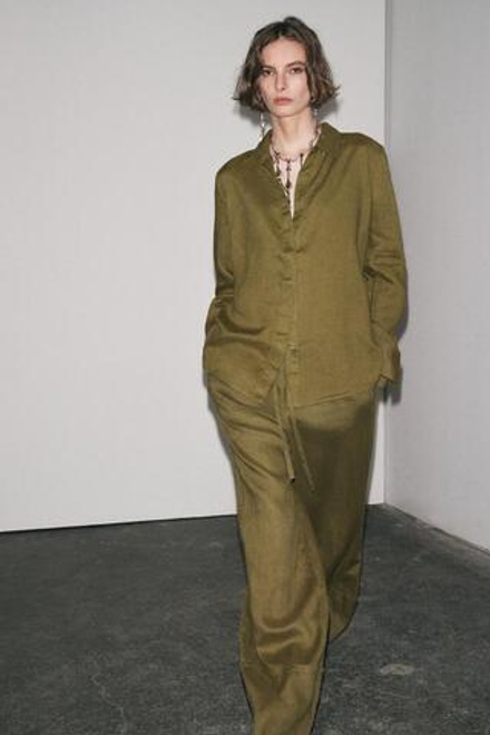 ZARA БРЮКИ ПАЛАЦЦО ИЗ 100% ЛЬНА — ZW COLLECTION, ОЛИВКОВЫЙ