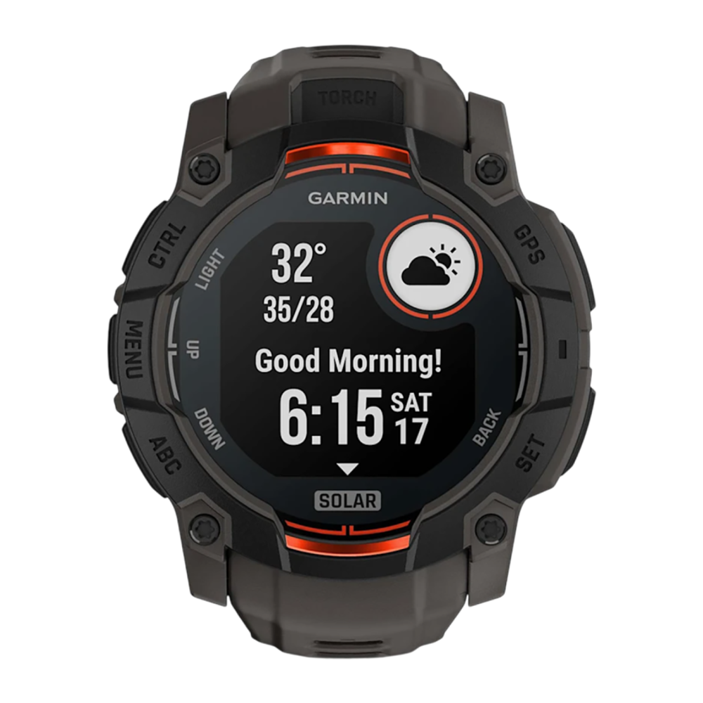 Спортивные часы Garmin Instinct 3, 50 мм, Solar, силиконовый ремешок угольного цвета Чёрный безель, дисплей Solar со стеклом Power Glass. Ремешок с классической застёжкой — на запястье обхватом 141–213 мм