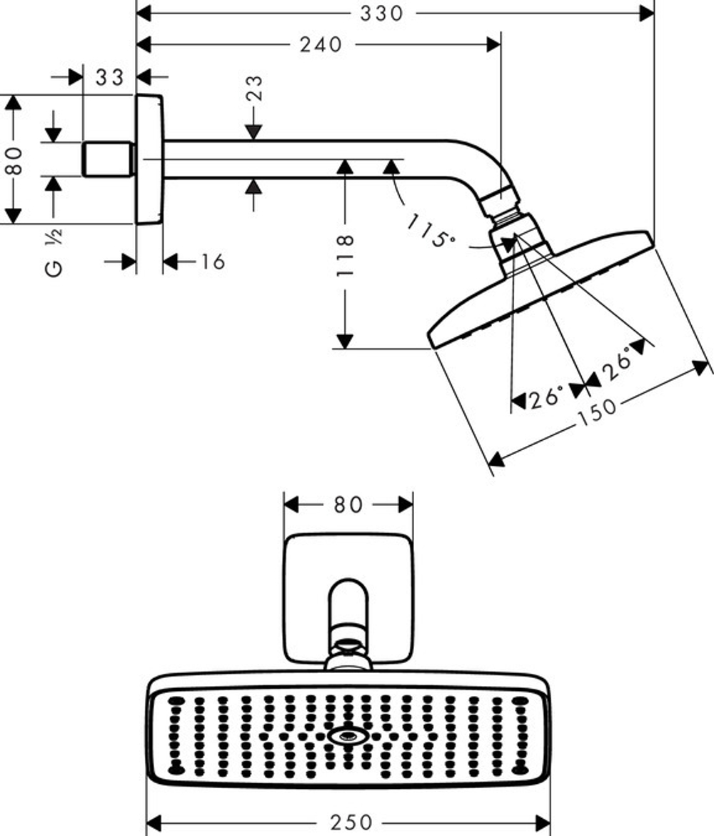 Верхний душ Hansgrohe Raindance E 240 AIR 1jet 27370000, держатель 223 мм