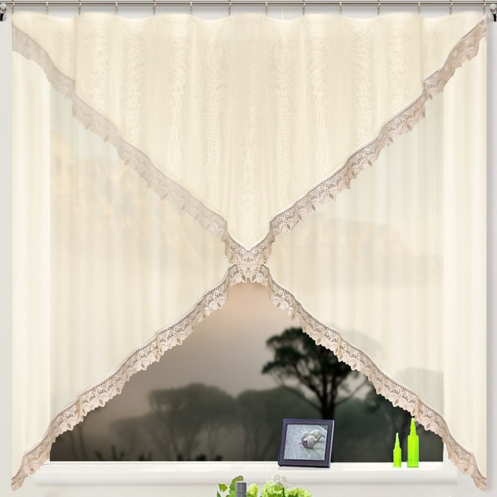 Занавеска из вуали с кружевом "Ф. ДЕЙЗИ" на шторной ленте, цвет светлый шампань, Польша.