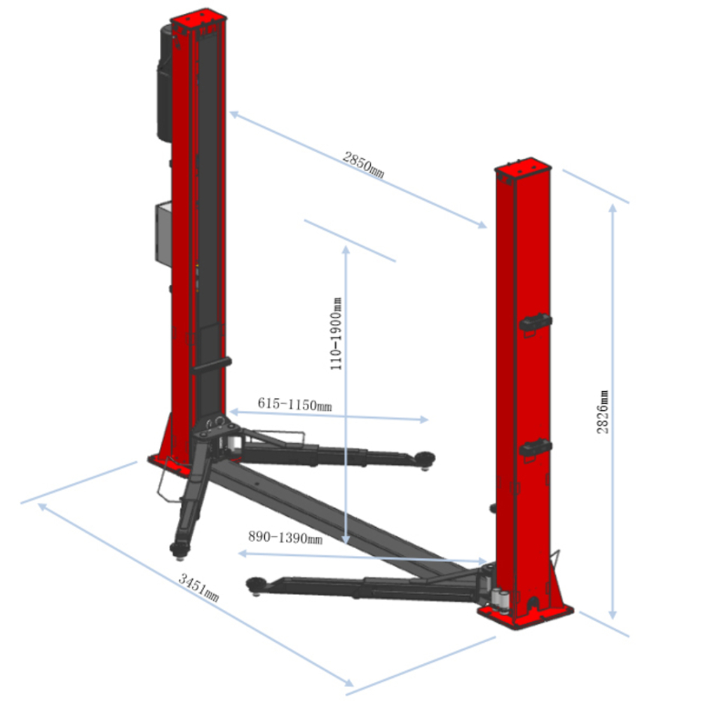 Подъемник электрогидравлический 4т 110-1900мм 2-х стоечный 380В ниж.синхрон. (электр.спуск) GTE