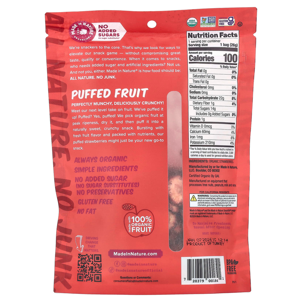 Made in Nature, Воздушные фрукты, клубника, 25,5 г (0,9 унции)