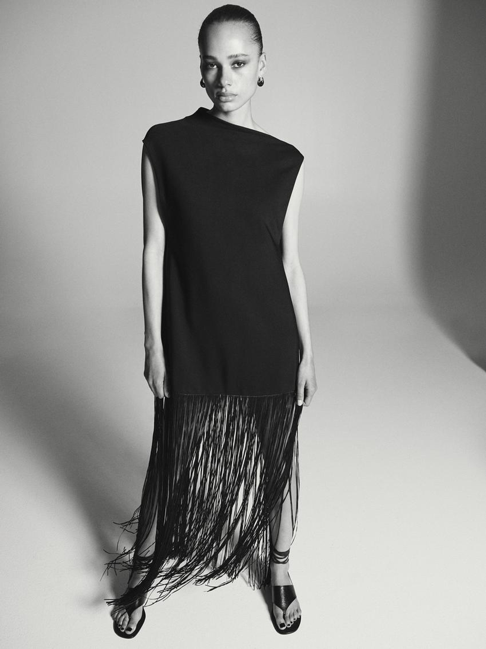 Massimo Dutti Длинное платье с кисточками, черный