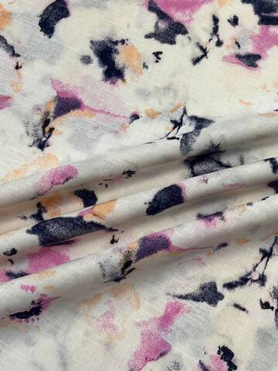 Лен белый с разноцветным абстрактным принтом