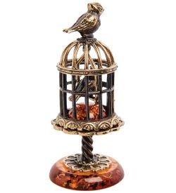 Народные промыслы AM-3166 Фигурка «Птичка в клетке» (латунь, янтарь)