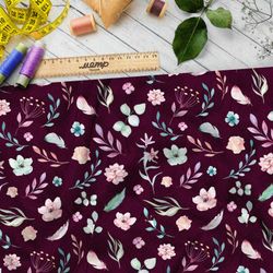 Ткань шифон сдержанные цветы и листья на бордовом фоне