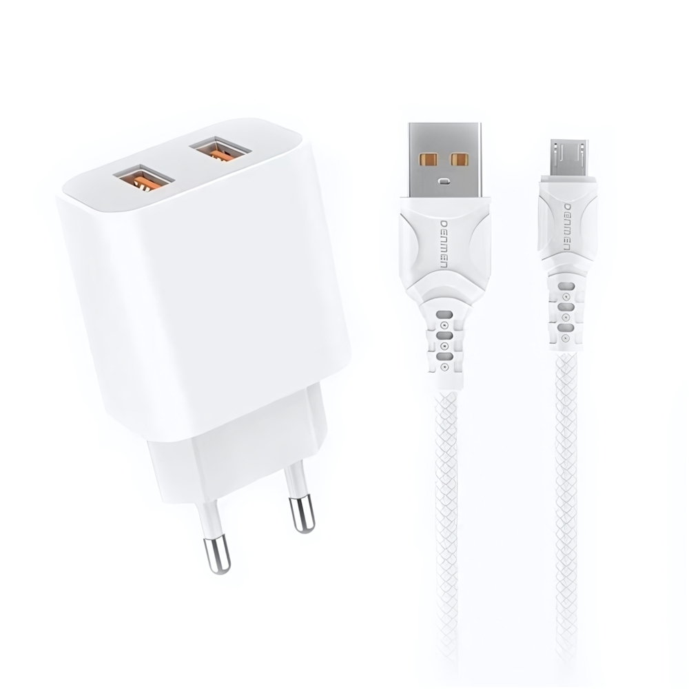 Зарядное устройство DENMEN DC05V 2.4A 2xUSB + кабель microUSB White