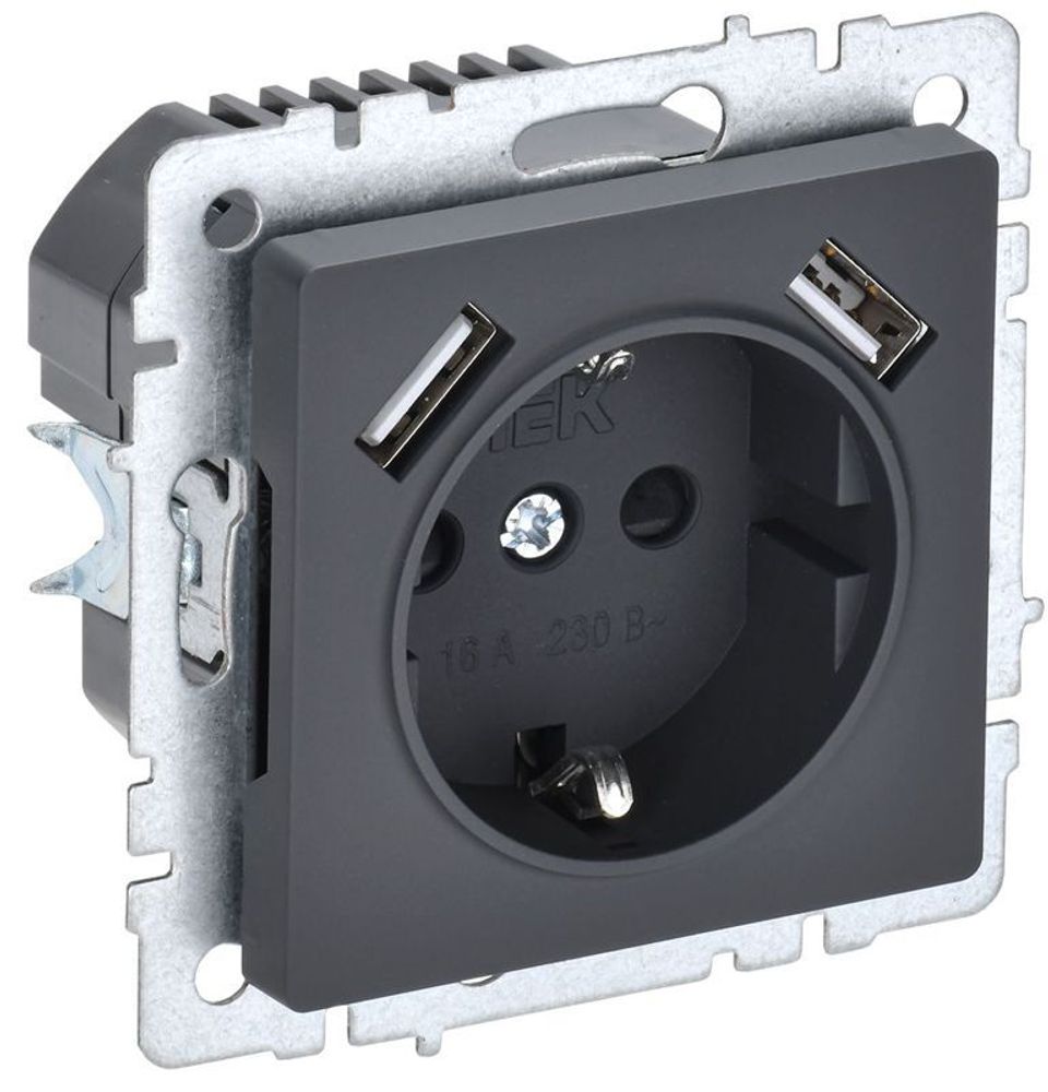 Розетка BRITE РЮш10-1-БрГ 16А с USB A+A 2.1А с заземл. защ. шторки механизм графит IEK BR-R14-16-U21-D21-K53 Розетка BRITE РЮш10-1-БрГ 16А с USB A+A 2.1А с заземл. защ. шторки механизм графит IEK BR-R14-16-U21-D21-K53