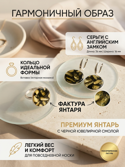 Комплект украшений с янтарём Круг большой пеструха черная